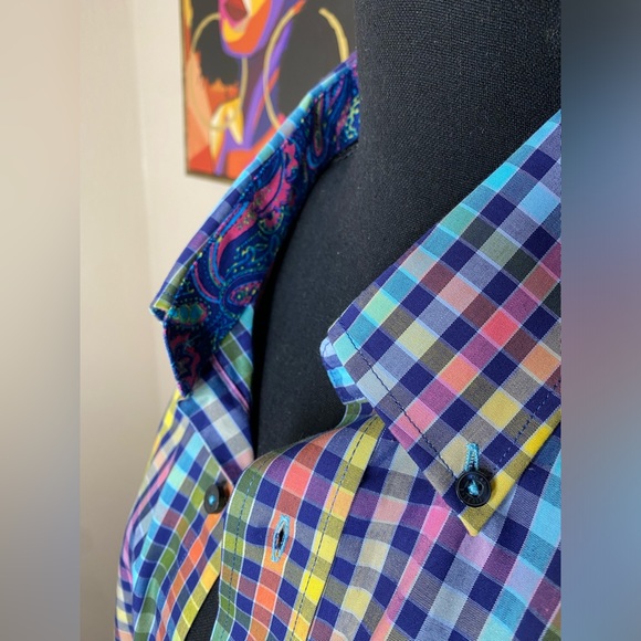 Alan Flusser Pastel Plaid Mens Button Down Shirt Size XL - Picture 3 of 6